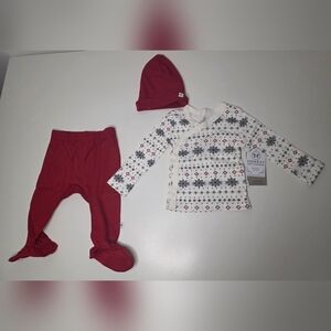 NWT Honest Baby 3-6M 3-Piece Set Red Footed Outfit with Hat